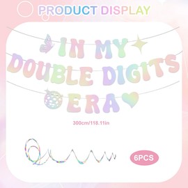 FunnAura 10th Birthday Decorations Girl Boys, In My Double Digits Era 10th Birthday Banner with 6 Glitter Hanging Swirls for Party Supplies