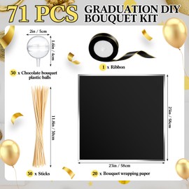 Funnymoom 71 Pcs DIY Chocolate Flower Bouquet Kit Graduation 2025 Candy Rose Clear Acrylic Lollipop Ball Holder Mother's Day Flower Wrapping Paper Ribbon Accessories Birthday Gift(Black and Silver)
