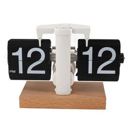 Flip Desk Clock Auto Mechanical Flip 12H AM PM Wood Base Battery Powered Vintage Retro Digital Table Clock for Home Office Black Page