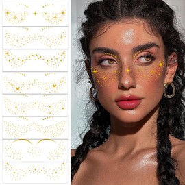 8 Pcs Gold Glitter Freckles Tattoos Stickers Women Face Makeup Patches Waterproof Realistic Stars Butterfly Notes Spot Patterns DIY Art Decoration Supplies