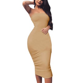 BORIFLORS Women's Basic Sleeveless Tube Top Sexy Strapless Bodycon Midi Club Dress,Large,Khaki