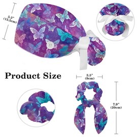 Scrub Caps Women, Surgical Caps with Buttons, Ponytail Nurse Hat, Bouffant Scrub Hats with Hair Scrunchy Adjustable, Butterfly Cartoon Purple and Blue Vintage Retro Cute