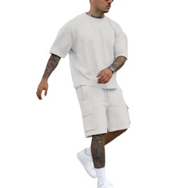 Fastkoala Men's Tracksuit Outfit Set Two Piece Round Neck Suits Jogging Suits Summer 2-Piece, White