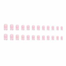 MISUD Short Square Press on Nails Squoval Fake Nails Glossy Glue on Nails French Line Acrylic Nails Elegant Nude Pink Gel Artificial Nails Bling Glitter False Nails with Design 24 pcs