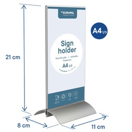 OPUS 2-Sign Holder with Aluminium Base, 1/3 A4, Crystal Clear Acrylic, T-Standard, Portrait, 350060.