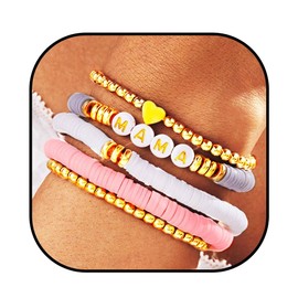 ACEDRE Mother's Day Stretch Bracelets for Women Mama Stackable Clay Beaded Bracelet Set Boho Beads 5PCS Bracelet