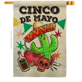 El Cinco de Mayo House Flag - Summer Mexican Fiesta Party Cactus PinataOutdoor Summertime Sunny - Decoration Banner Small Garden Yard Gift Double-Sided Made in USA 28 X 40