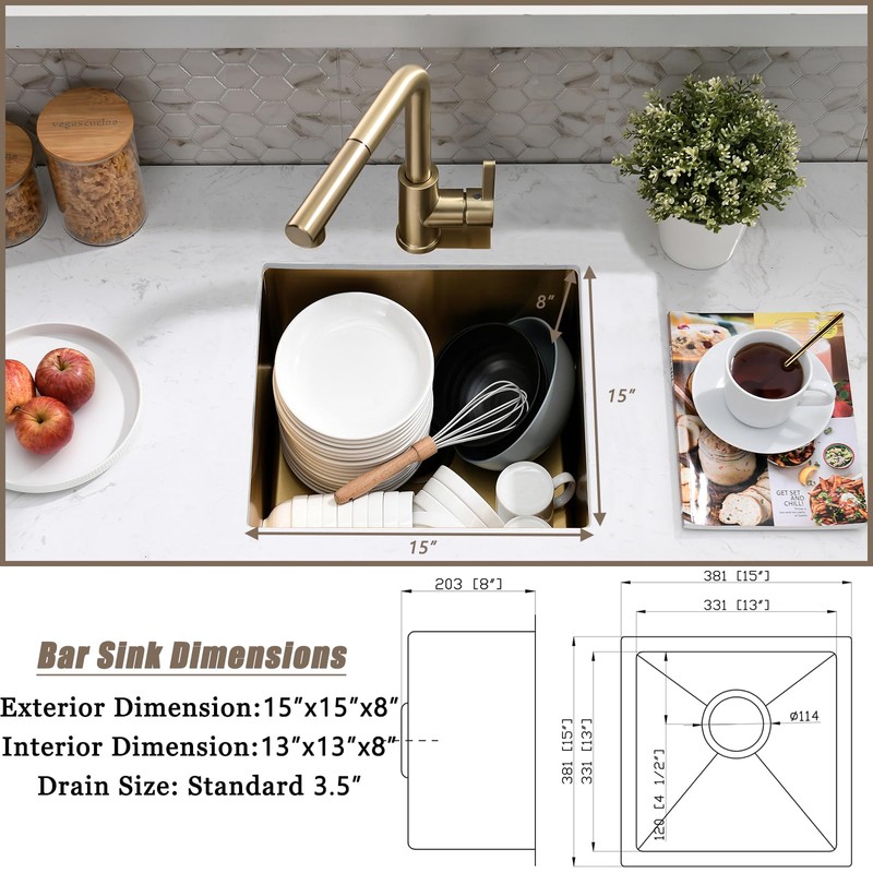 WMXQX 15 Inch Gold Undermount Bar Sink, 15x15 Bar Sink