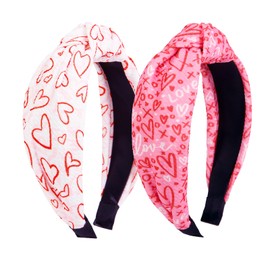 Huachi 2 Packs Valentines Day Headbands for Women Girls Sweet Heart Valentine Headband Cute Pink Top Knot Head Bands for Women’s Hair Fashion Knotted Valentine’s Day Gifts Hair Accessories