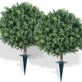 Tnouse 26" Artificial Topiary Ball Bush with Ground Spike Set of 2–Tall 2.2FT Faux Boxwood for Outdoor & Indoor Decor, Realistic Garden Sphere for Patio, Porch, Wedding