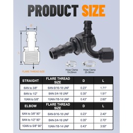 Taiidaues 6AN 90 Degree Push Lock Hose Fitting End Elbow Adapter, 4 Pcs Black Two Stage Barb Aluminum Anodized Connector with 4 Pcs Hose Clamp for Vehicle Rubber Fuel Oil Line System（8 Pcs Pack）