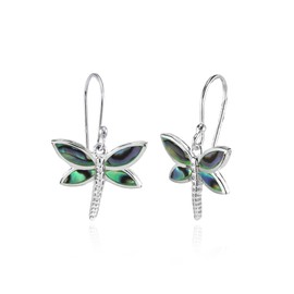 Sterling Silver Abalone Polished Dragonfly Dangle Earrings