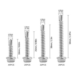 113PCS Hex Washer Head Self Drilling Screws,Self Tapping Screws Metal and Self Drilling Screws,Stainless Steel Screws for Metal,Wood, Pvc,Plasterboard and Number Plate