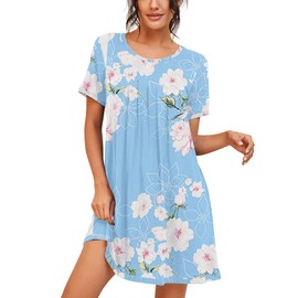 PrinStory Womens Sleepwear Short Sleeve Nightgown Soft Sleepshirt Pleated Nightshirt Scoopneck Casual Loungewear FP-Light Blue-Medium