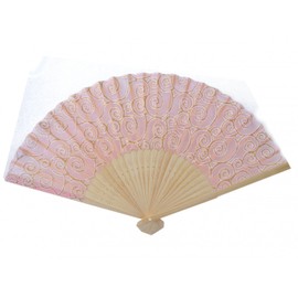 Natural Wooden Slab Folding Hand Fan with Picture of Auspicious Clouds (Pink)
