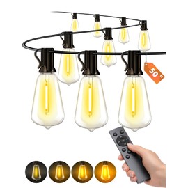 VOZUJI Outdoor Patio String Lights: 50Ft 15M Outside Waterproof Light - Remote Dimmable ST38 Shatterproof Bulb Connectable Hanging Outdoor Electric Lighting - Backyard Yard Gazebo Porch Party