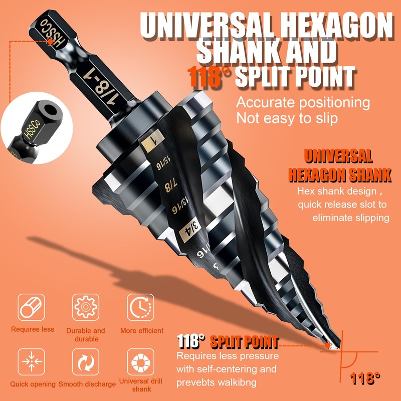 Four Spiral Flute Step Drill Bit for Metal,M35 Cobalt Unibit