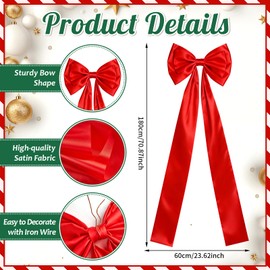 Extra Large Christmas Tree Topper Bow Satin Farmhouse Large Bows 24 x 71 Inch Christmas Wreath Bows Decorations for Home Holiday Front Door Patio Wedding Indoor Outdoor Decor Party Supplies(Red)
