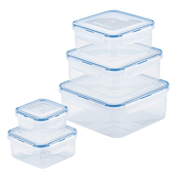 LocknLock Easy Essentials Food Storage lids/Airtight containers, BPA Free, 10 Piece - Square, Clear