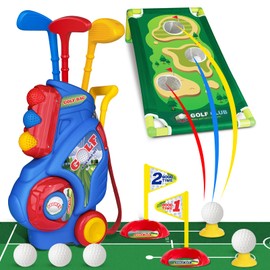 Jovizo Toddler Golf Set for Boys Girls 1 2 3 4 Years Old, Upgraded Kids Golf Cart with Putting Mat & Cornhole Board, Outdoor Indoor Sports Toys, Blue
