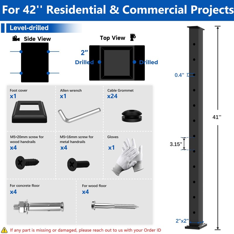Zylorix 42" T304 Stainless Steel Cable Railing Post Black(Post 41"x2"x2"),
