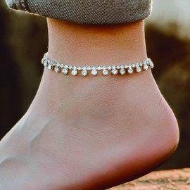 Yheakne Vintage Crystal Dangle Ankle Bracelet Silver Rhinestone Drop Anklet Bracelets Paved Cz Chain Anklet Sparkling Tennis Foot Chain Jewellery for Women
