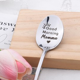 Best Mom Gifts from Son Daughter Momma Mama Mothers Day Birthday Gift for Mothers Moms Good Morning Momma Spoon Engraved Stainless Steel Spoon for Mom Mother Baby Shower Gifts from Childern Kids