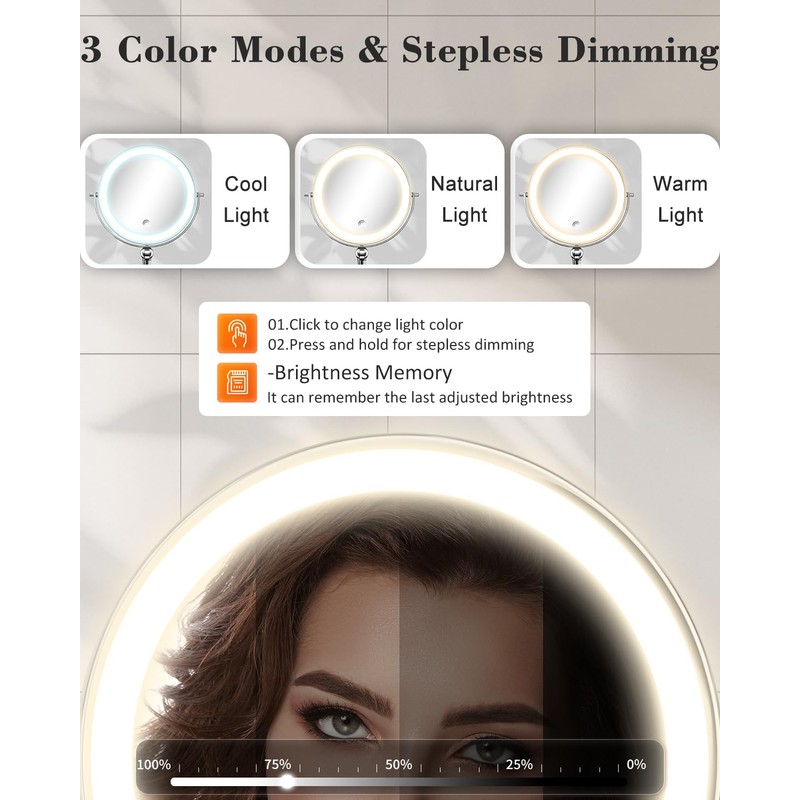 30X/1X Wall Mounted Lighted Makeup Mirror, 9'' Height Adjustable Double