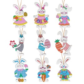HOWAF 9 Easter Bunny Ornaments Easter Hanging Decorations, Easter Wooden Rabbit Ornaments Hanging Easter Decorations Wooden Bunny Wood Easter Rabbit Decorations Crafts for Home Easter Tree Decorations