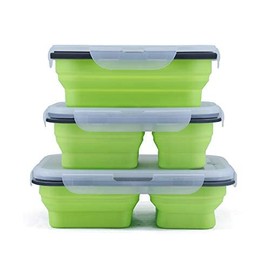 LEISIDY Pack of 3 Collapsible Lunch Box- Silicone Food Storage with 1/2/3 Compartments and Utensil (3 Pack Green, 900ml+1000ml+1100ml)