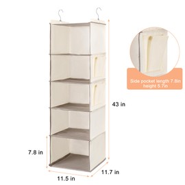 BOOMIBOO Hanging Closet Organize and Shelves，5-Hanging Shelf with 2 Side Pockets，Storage Foldable （Beige）