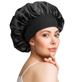 Phieeseriy 1 Piece Silk Cap for Sleeping, Satin Bonnet Night Sleep with Elastic Band for Long, Curly Hair, Soft Non-Slip Satin Hair Cap for Night, Black