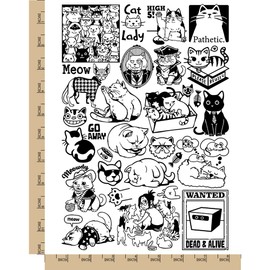Funny Kitty Cats Kittens Temporary Tattoo Water Resistant Fake Body Art Set Collection - Black (One Sheet)