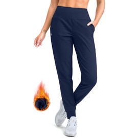 G Gradual Women's Fleece Lined Joggers High Waisted Water Resistant Thermal Hiking Pants Cold Weather Sweatpants with Pockets(Navy,M)