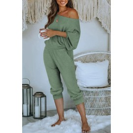 PRETTYGARDEN Women's 2 Piece Ribbed Tracksuit Outfits Off Shoulder Long Sleeve Pullover Long Pants with Pockets (Light Green,X-Large)
