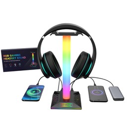 VAKUMAX RGB PC Gaming Headset Stand with Charging Hub - 3 Ports (USB/Tpye-C Charging Port), Headphone Holder with 10 Color Modes, Touch Control, Desk Organizer & Cable Management