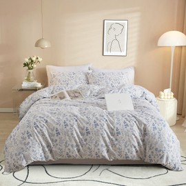 VM VOUGEMARKET 3 Pieces Blue Flower Duvet Cover Set Twin Cottagecore Botanical Duvet Cover with 2 Pillowcases 100% Cotton Leaves Bedding Set Vintage Garden Style for Teen Girls-68 X86