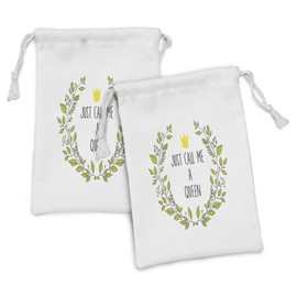 Ambesonne Queen Fabric Pouch Set of 2, Wreath Branches with Lettering Just Call Me Queen Little Crown, Small Drawstring Bag for Toiletries Masks and Favors, 9" x 6", Grey Apple Green