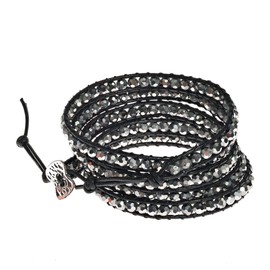 AeraVida Mystique Silver Fashion Crystal Five Black Leather Wrap Bracelet