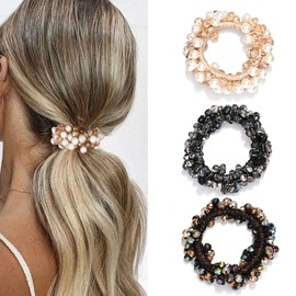 Runmi Hair Bobbles Pearl Hair Scrunchie 3 Pieces Crystal Elastic Hair Bands Hair Accessories for Women and Girls (B)