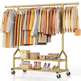 EAGMAK Heavy Duty Clothes Rack Load 556 LBS, Rolling Clothing Rack With Shelves, Height Adjustable Metal Clothes Hanger with Wheels Portable Wardrobe Organizer Garment Rod for Hanging Clothes (Gold)
