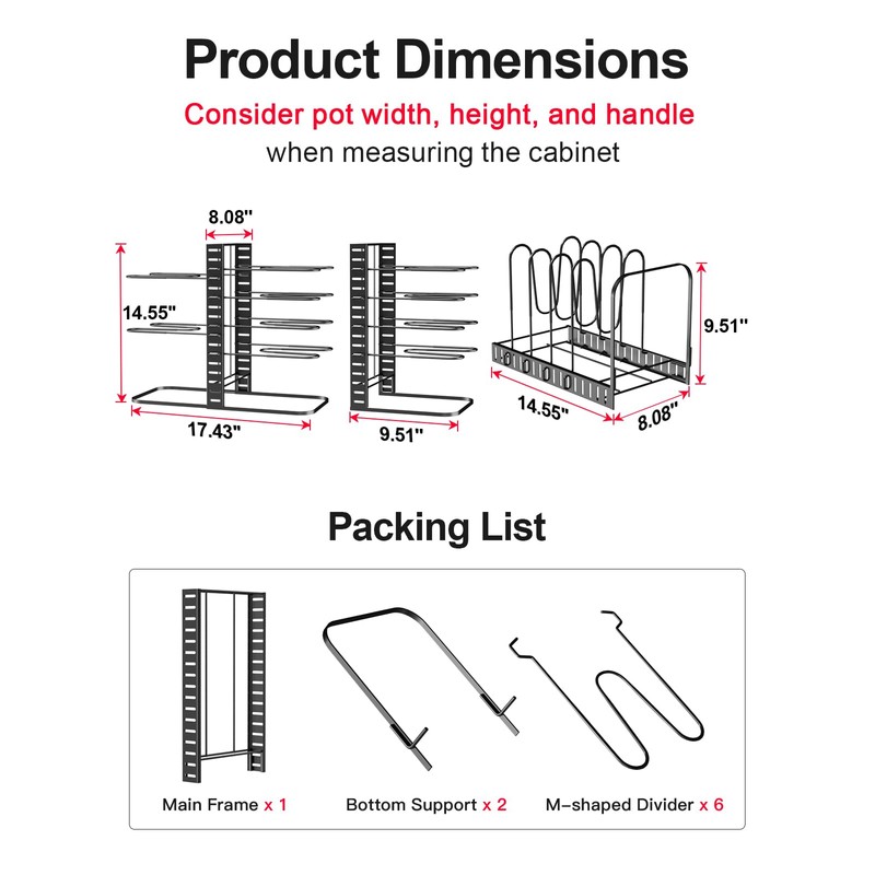 MUDEELA Pots and Pans Organizer Rack under Cabinet 14.55in Height,