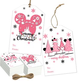 Pink Christmas Tag Decoration,50pcs Mouse Christmas Gift Tags Labels with Strings,Merry Christmas Hanging Labels Favors for Tree Decoration 2023 Xmas Winter Holiday Supplies