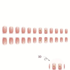 MIXFOSAHN Flower Press on Nails Short Square Fake Nails White Nude False Nails with Gold Rhinestone Designs Embossed Flower Glossy Stick on Nails Glue on Nails Acrylic Nails for Women Girls 24 Pcs