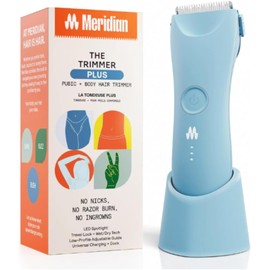 Recortadora de pelo corporal, Meridian, protector ajustable, carga USB C, luz de destello, bloqueo de viaje, base de carga, recortadora de bikini Azul