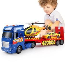 Dwi Dowellin Tow Truck Toy for Kids,25.6" Semi Truck Toy with Racing Car and Helicopter,Truck with Lights & Sounds,Birthday Gift for 2 3 4 5 Years Old Boys and Girls