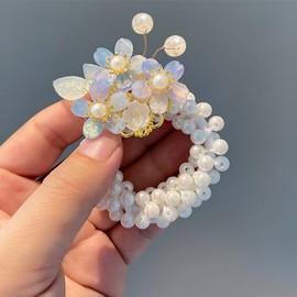 Flower Pearl Hair Bands, Pearl Bead Elastic Band Ties Ponytail Holder, Hanfu Floral Hair Accessories (Blue)