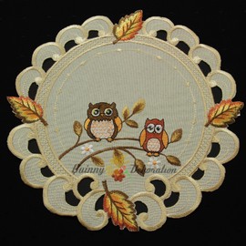 Owl Tablecloth Table Runner Blanket Cushion Cover Linen Look Cream Beige Autumn Leaf Embroidery – Choice of Sizes (Approx. 30 cm Round)