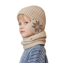 YAMEE Winter Knitted Hat Scarf Set for Children, Children's Winter Hat with Ear Flaps, Cold Protection, Windproof, 2-Piece Children's Beanie for Children, Warm Plush, Cap for 4-10 Years Boys Girls,