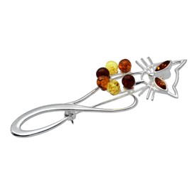 Cat/Kitty/Kitten/Feline Silver Brooch Pin/Clip in Multi-Coloured Amber for Women - 925 Sterling Silver